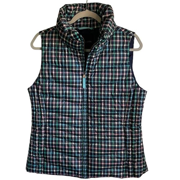Talbots Jackets & Blazers - Talbots Womens M Navy Plaid Down Filled Quilted Puffer Vest Zip Pockets Preppy